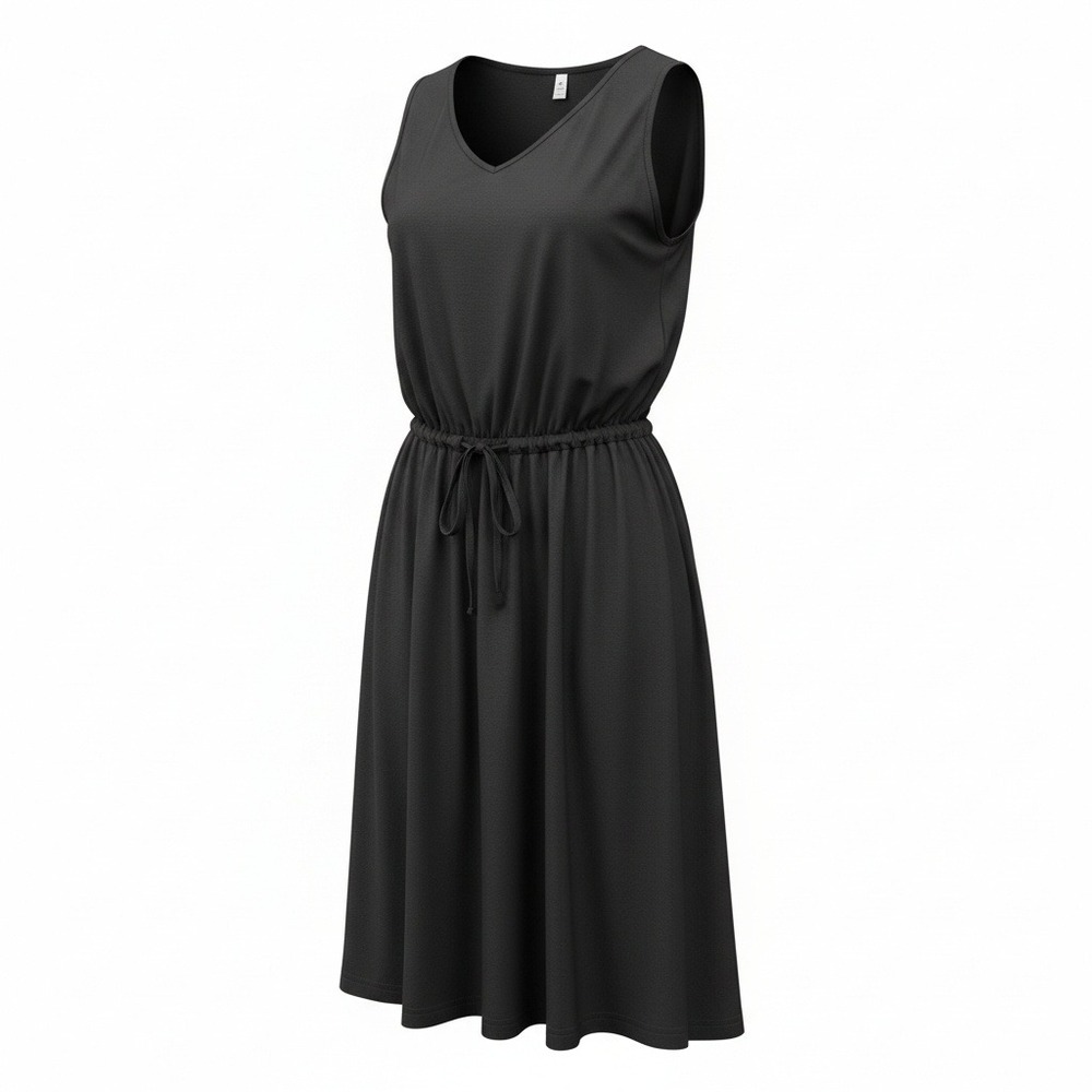 Black Sleeveless V-Neck Midi Dress with Drawstring Waist and Pockets XL